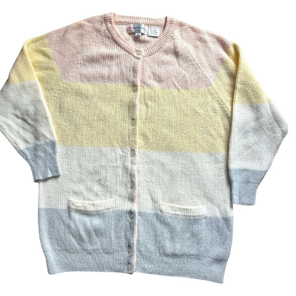 Vintage Colorblock Oversize Cardigan - Pastel a butter yellow powder pink -L - Picture 5 of 8